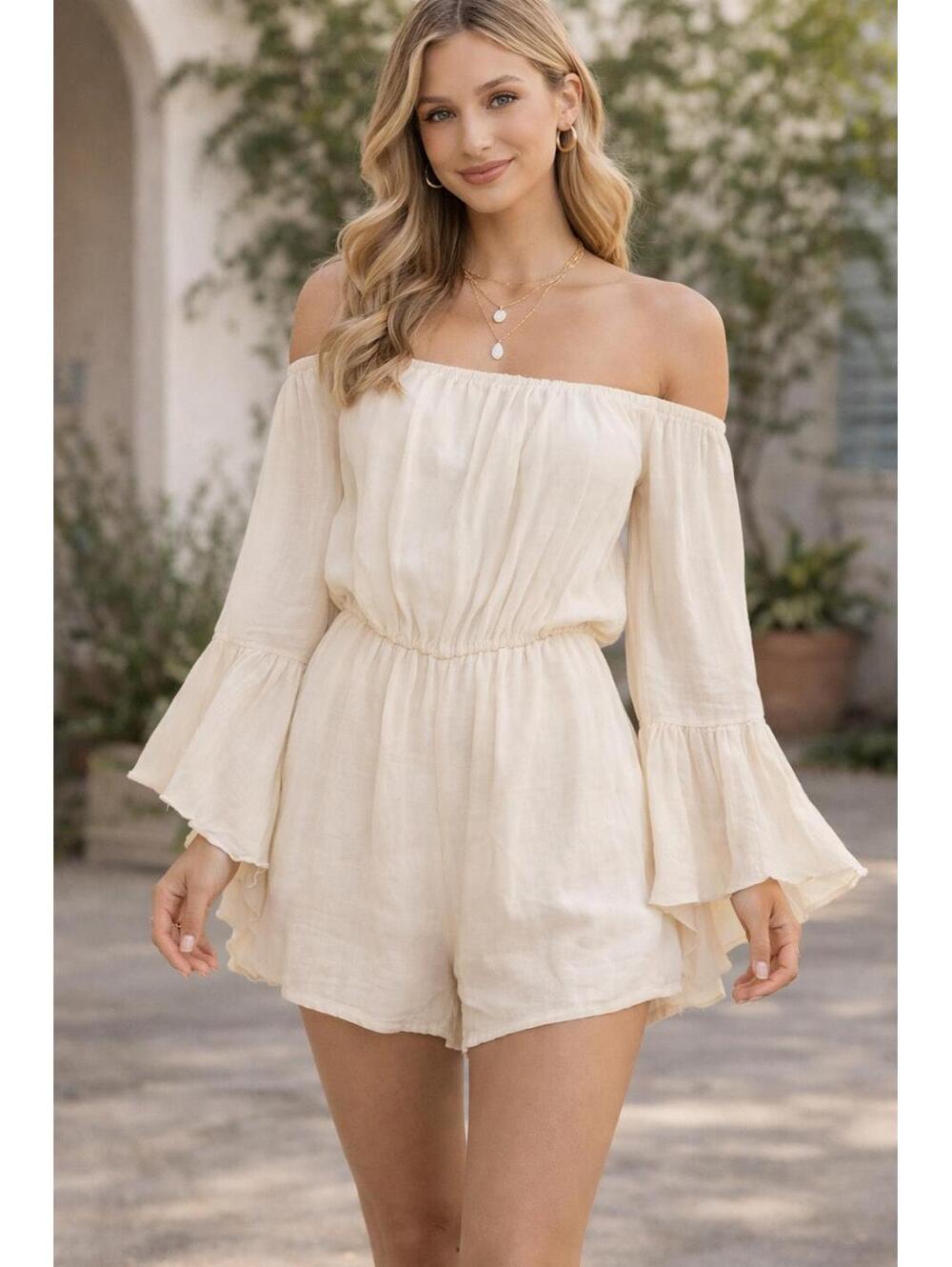 Altar’d State Cream Off Shoulder Bell Sleeve Romper size Medium